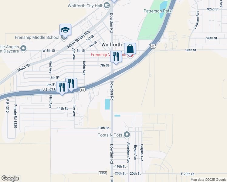 map of restaurants, bars, coffee shops, grocery stores, and more near 207 U.S. 62 in Wolfforth