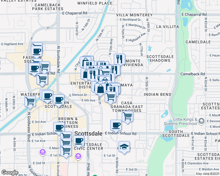 map of restaurants, bars, coffee shops, grocery stores, and more near North 76th Street in Scottsdale