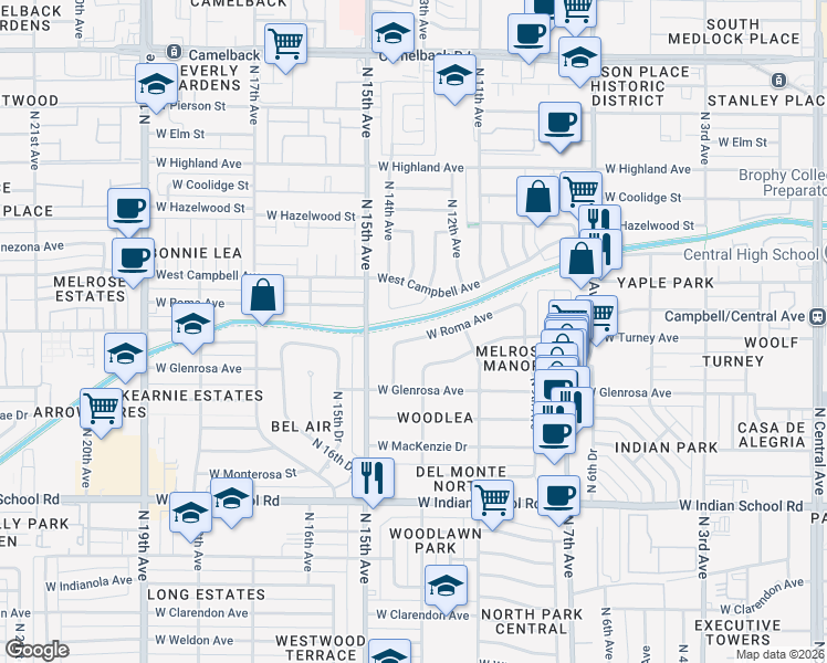 map of restaurants, bars, coffee shops, grocery stores, and more near 1311 West Sells Drive in Phoenix