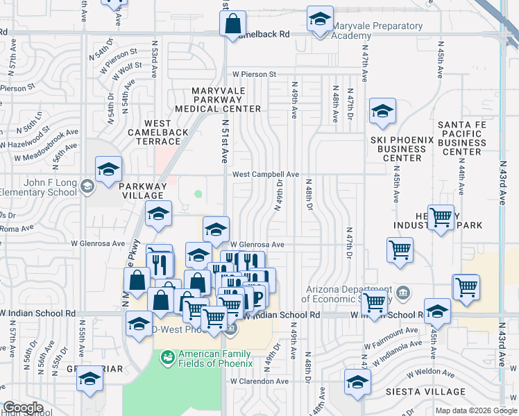 map of restaurants, bars, coffee shops, grocery stores, and more near 4423 North 50th Drive in Phoenix