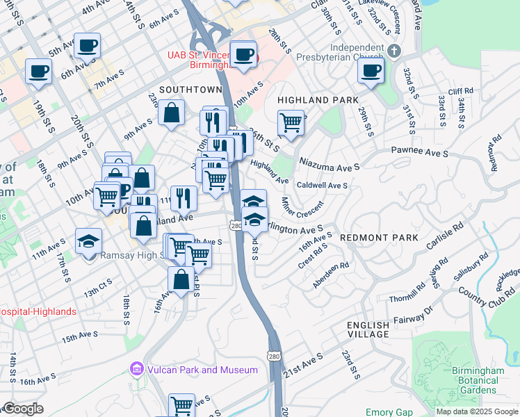 map of restaurants, bars, coffee shops, grocery stores, and more near 1236 22nd Street South in Birmingham