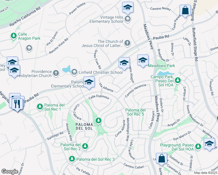 map of restaurants, bars, coffee shops, grocery stores, and more near 42936 Vía Alhama in Temecula