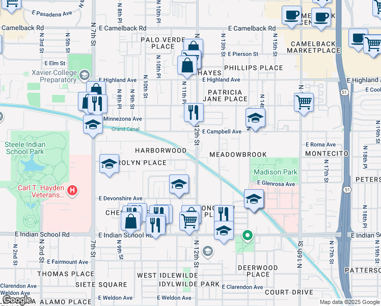 map of restaurants, bars, coffee shops, grocery stores, and more near 1125 East Campbell Avenue in Phoenix