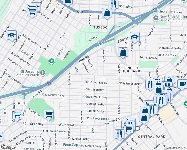 map of restaurants, bars, coffee shops, grocery stores, and more near 1601 28th Street Ensley in Birmingham