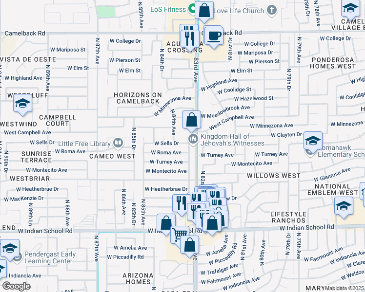 map of restaurants, bars, coffee shops, grocery stores, and more near 8328 West Sells Drive in Phoenix