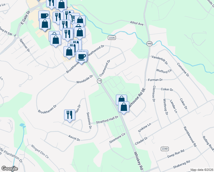 map of restaurants, bars, coffee shops, grocery stores, and more near 2789 Whiskey Road in Aiken