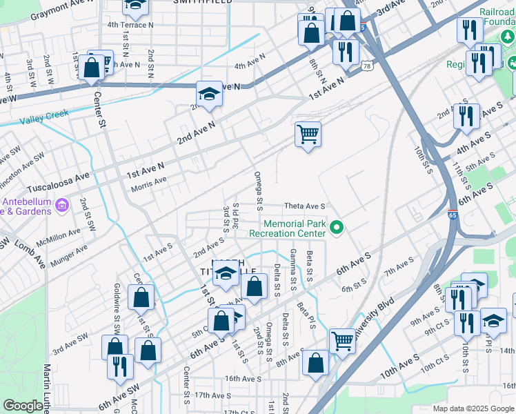 map of restaurants, bars, coffee shops, grocery stores, and more near 46 Omega Street South in Birmingham