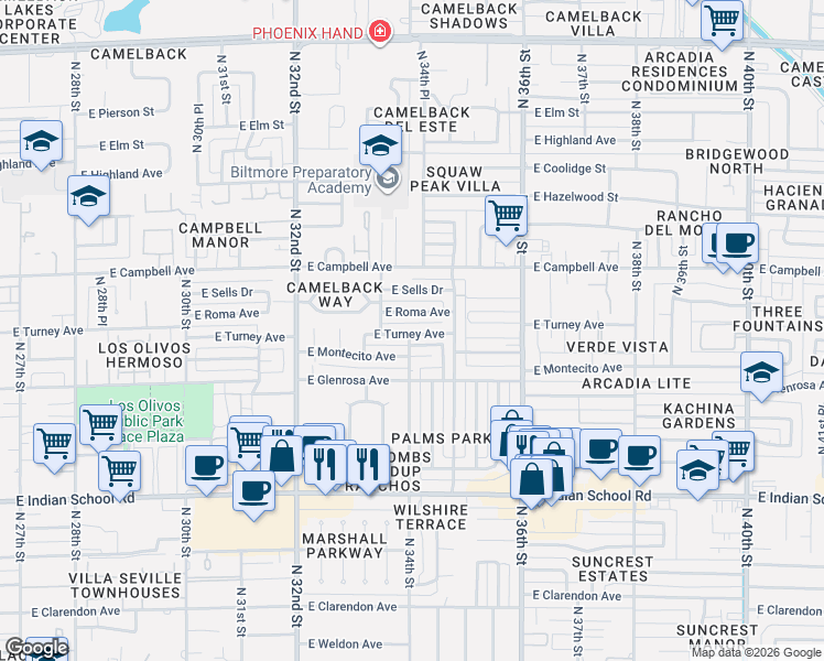 map of restaurants, bars, coffee shops, grocery stores, and more near 3423 East Roma Avenue in Phoenix
