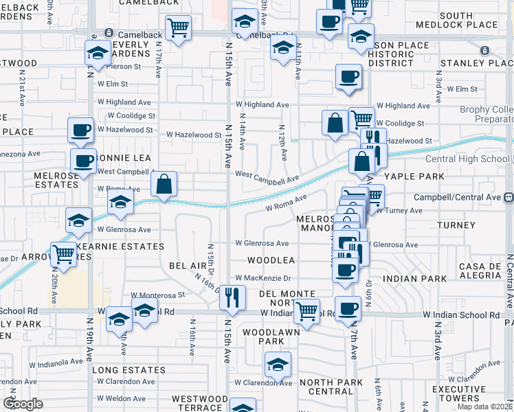 map of restaurants, bars, coffee shops, grocery stores, and more near 1311 West Sells Drive in Phoenix