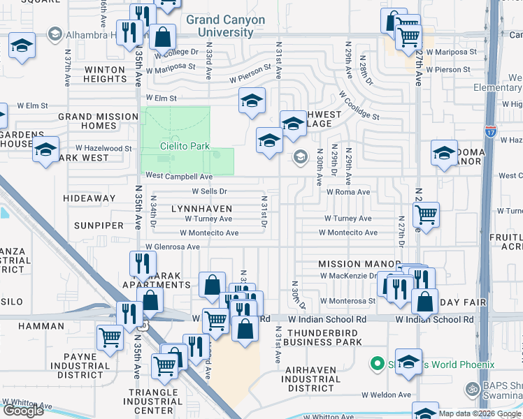 map of restaurants, bars, coffee shops, grocery stores, and more near 3118 West Roma Avenue in Phoenix