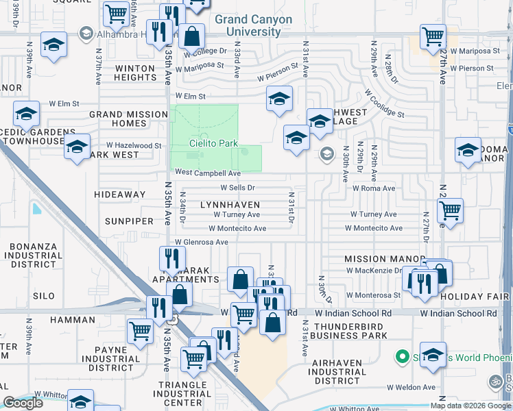 map of restaurants, bars, coffee shops, grocery stores, and more near 3206 West Roma Avenue in Phoenix