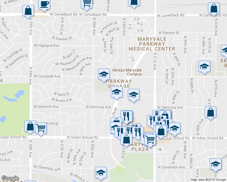 map of restaurants, bars, coffee shops, grocery stores, and more near 4418 North 53rd Lane in Phoenix