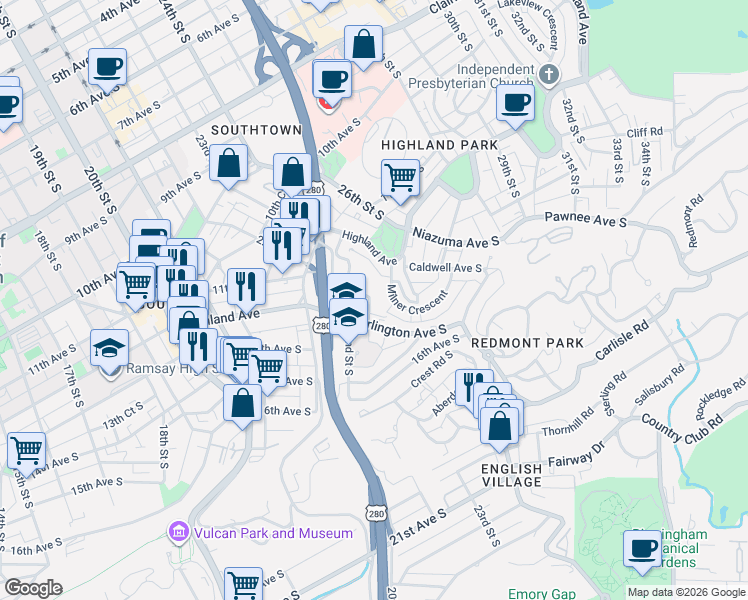 map of restaurants, bars, coffee shops, grocery stores, and more near 2337 Highland Crescent South in Birmingham