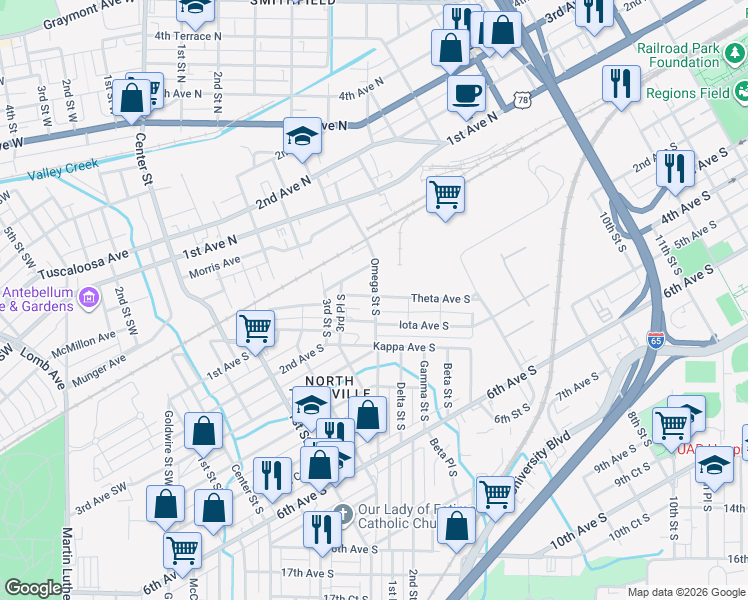 map of restaurants, bars, coffee shops, grocery stores, and more near 46 Omega Street South in Birmingham