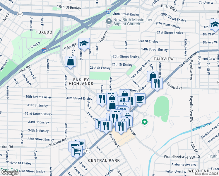 map of restaurants, bars, coffee shops, grocery stores, and more near 2301 28th Street Ensley in Birmingham