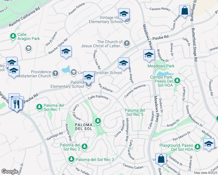 map of restaurants, bars, coffee shops, grocery stores, and more near 42936 Vía Alhama in Temecula