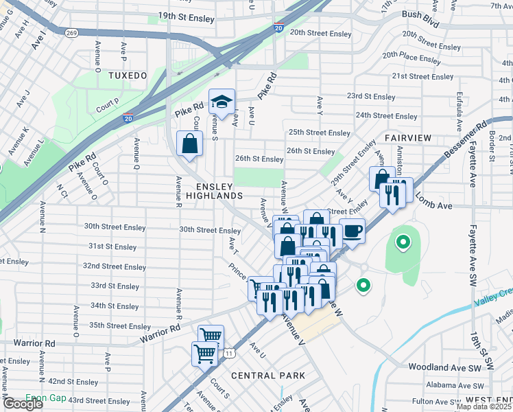map of restaurants, bars, coffee shops, grocery stores, and more near 2032 29th Street Ensley in Birmingham