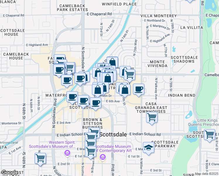 map of restaurants, bars, coffee shops, grocery stores, and more near 4420 North Saddlebag Trail in Scottsdale