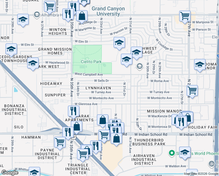 map of restaurants, bars, coffee shops, grocery stores, and more near 3206 West Roma Avenue in Phoenix