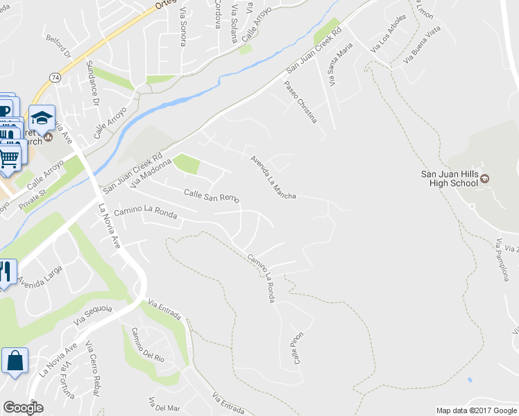 map of restaurants, bars, coffee shops, grocery stores, and more near 28231 Via Rueda in San Juan Capistrano