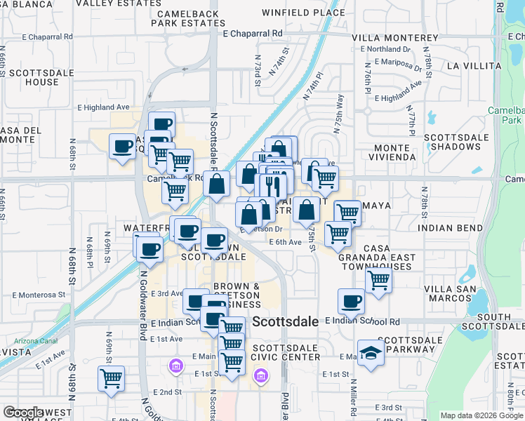 map of restaurants, bars, coffee shops, grocery stores, and more near 4420 North Saddlebag Trail in Scottsdale