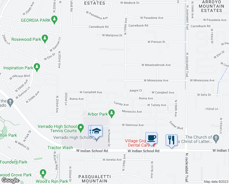 map of restaurants, bars, coffee shops, grocery stores, and more near West Indian School Road in Litchfield Park