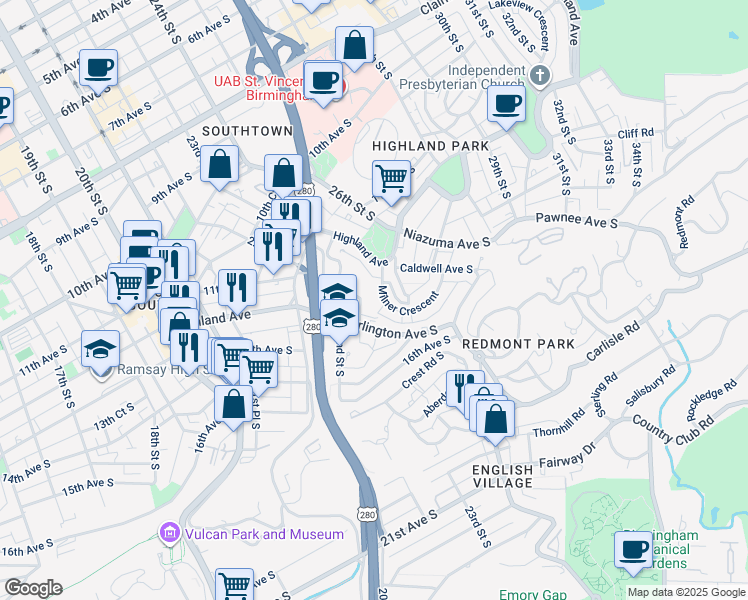 map of restaurants, bars, coffee shops, grocery stores, and more near 1235 23rd Street South in Birmingham