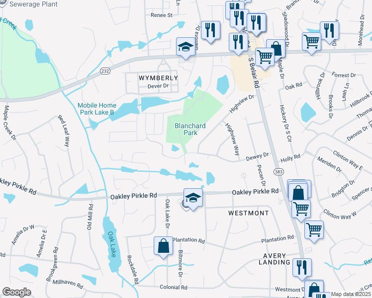 map of restaurants, bars, coffee shops, grocery stores, and more near 4541 Dewey Drive in Augusta