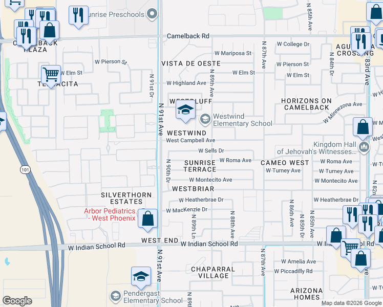 map of restaurants, bars, coffee shops, grocery stores, and more near 8940 West Sells Drive in Phoenix