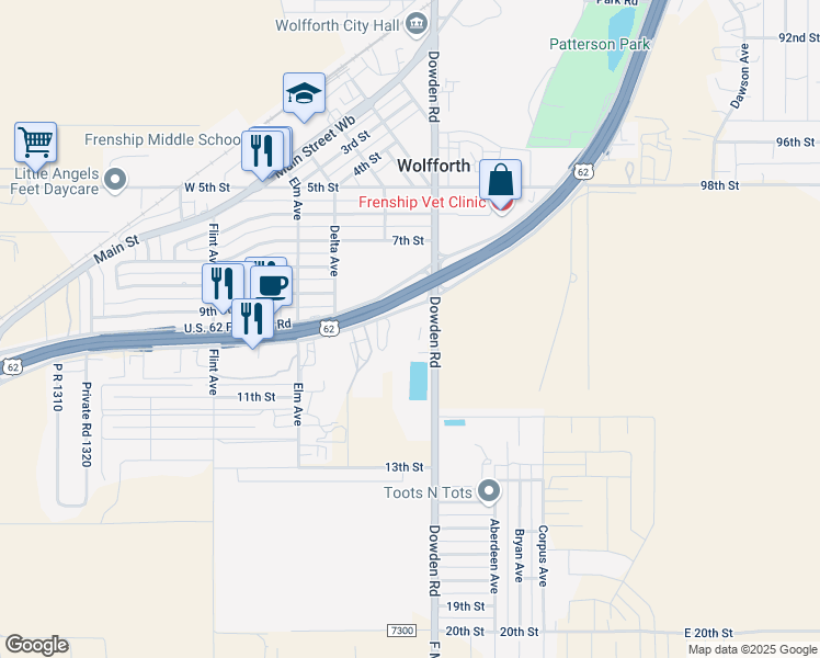 map of restaurants, bars, coffee shops, grocery stores, and more near 207 U.S. 62 in Wolfforth