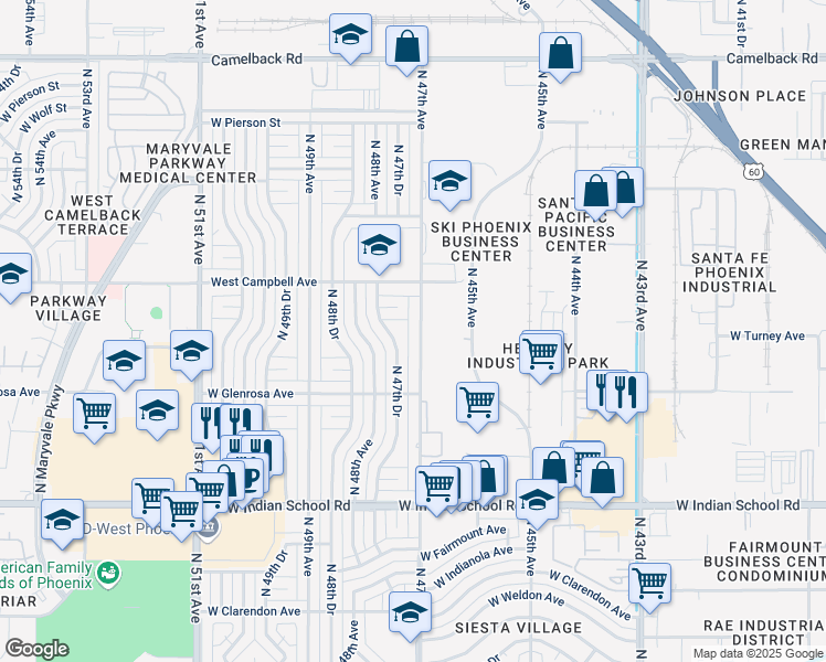 map of restaurants, bars, coffee shops, grocery stores, and more near 4717 West Roma Avenue in Phoenix