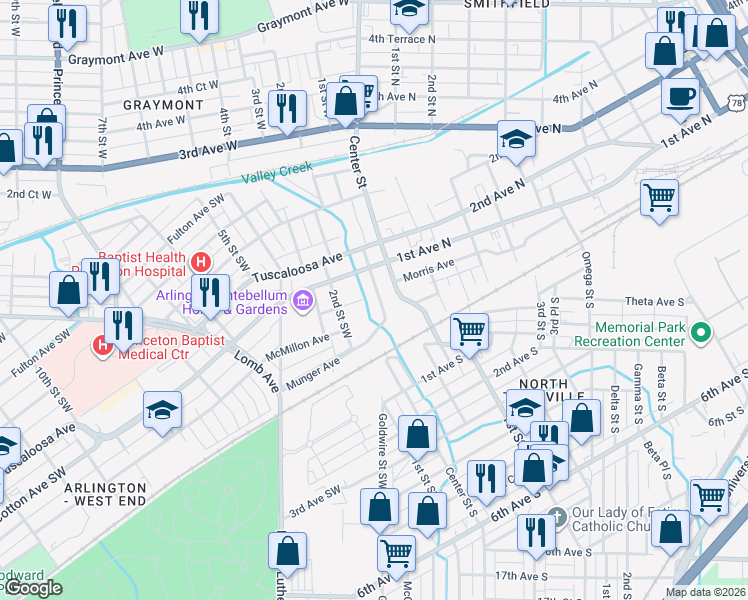map of restaurants, bars, coffee shops, grocery stores, and more near 40 Center Street in Birmingham
