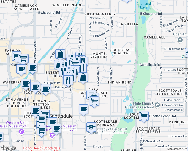 map of restaurants, bars, coffee shops, grocery stores, and more near in Scottsdale