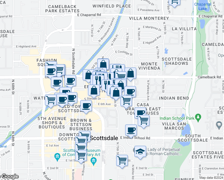 map of restaurants, bars, coffee shops, grocery stores, and more near 4415 North Civic Center Plaza in Scottsdale