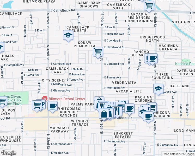 map of restaurants, bars, coffee shops, grocery stores, and more near 4352 North 36th Street in Phoenix