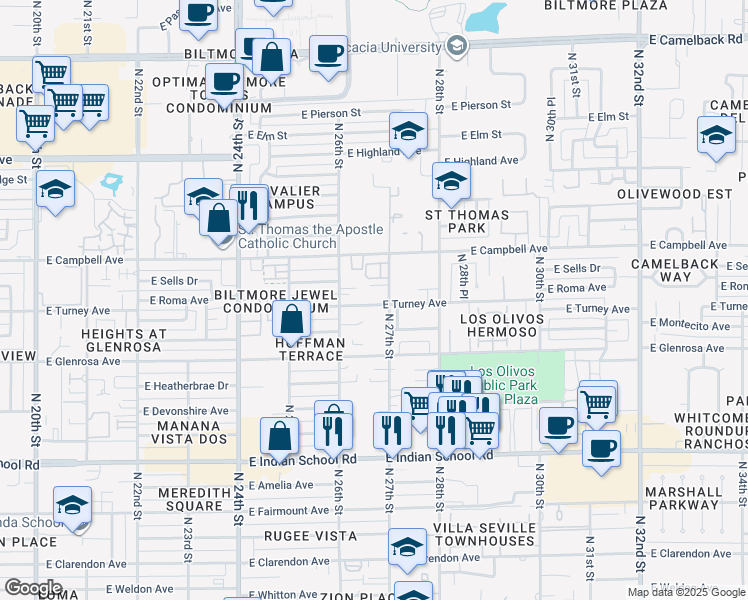 map of restaurants, bars, coffee shops, grocery stores, and more near 2629 East Roma Avenue in Phoenix