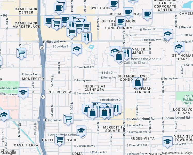 map of restaurants, bars, coffee shops, grocery stores, and more near 4420 North 22nd Street in Phoenix