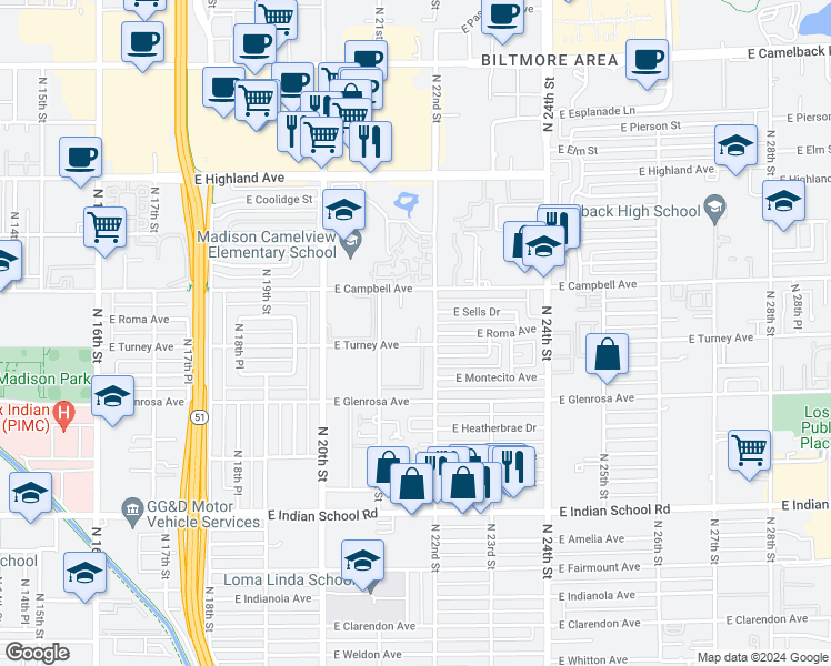 map of restaurants, bars, coffee shops, grocery stores, and more near 4420 North 22nd Street in Phoenix