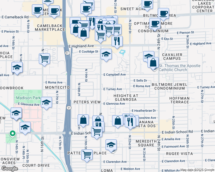 map of restaurants, bars, coffee shops, grocery stores, and more near 2025 East Campbell Avenue in Phoenix