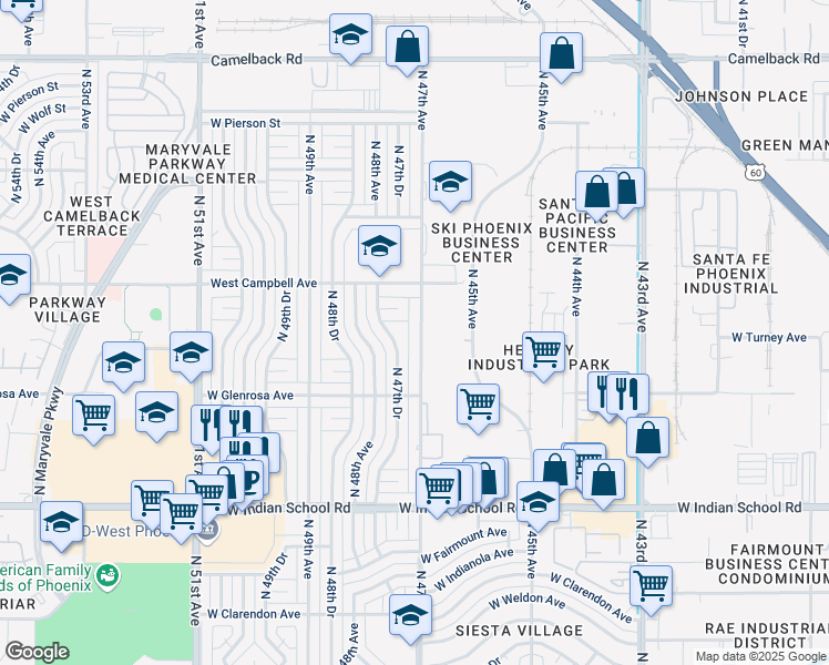 map of restaurants, bars, coffee shops, grocery stores, and more near 4717 West Roma Avenue in Phoenix