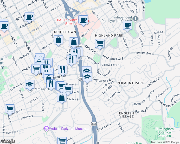 map of restaurants, bars, coffee shops, grocery stores, and more near 1236 22nd Street South in Birmingham