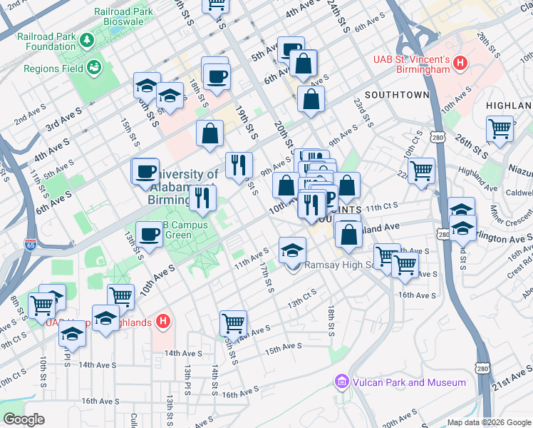 map of restaurants, bars, coffee shops, grocery stores, and more near 924 18th Street South in Birmingham