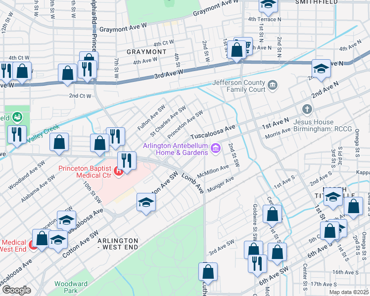map of restaurants, bars, coffee shops, grocery stores, and more near 501 Tuscaloosa Avenue in Birmingham