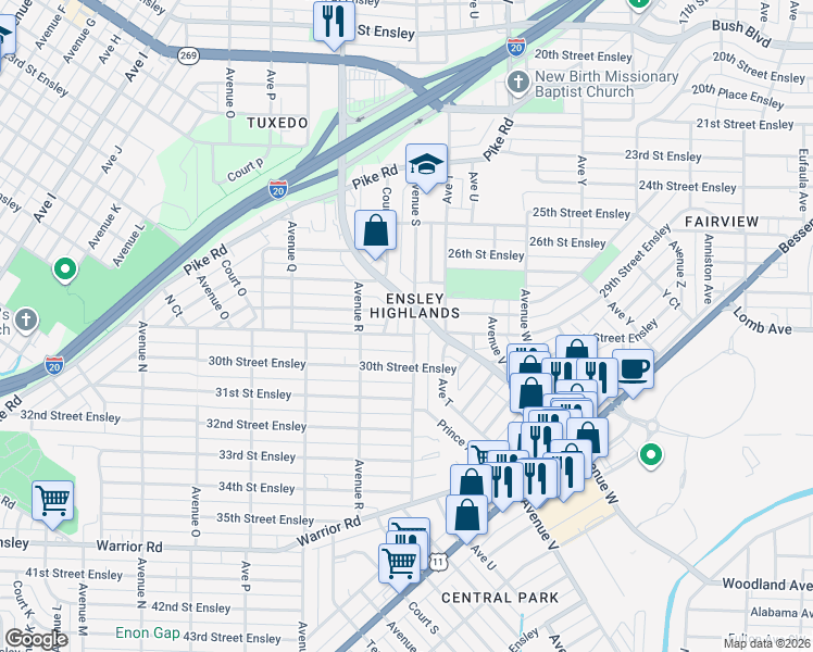 map of restaurants, bars, coffee shops, grocery stores, and more near 2802 Ensley 5 Points West Avenue in Birmingham