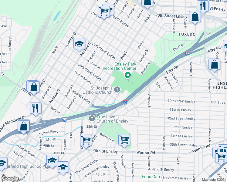 map of restaurants, bars, coffee shops, grocery stores, and more near 3002 Avenue J in Birmingham