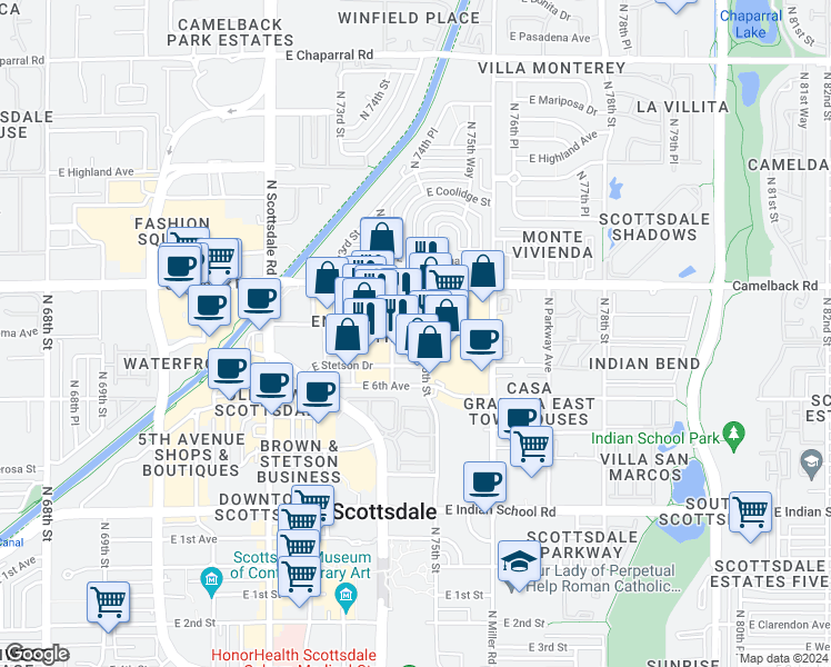 map of restaurants, bars, coffee shops, grocery stores, and more near 4415 North Civic Center Plaza in Scottsdale