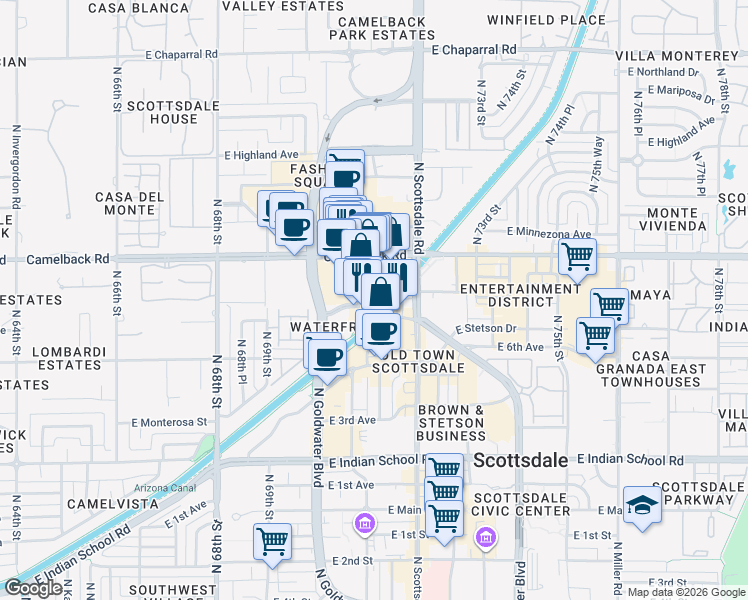 map of restaurants, bars, coffee shops, grocery stores, and more near 165 North Marshall Way in Scottsdale