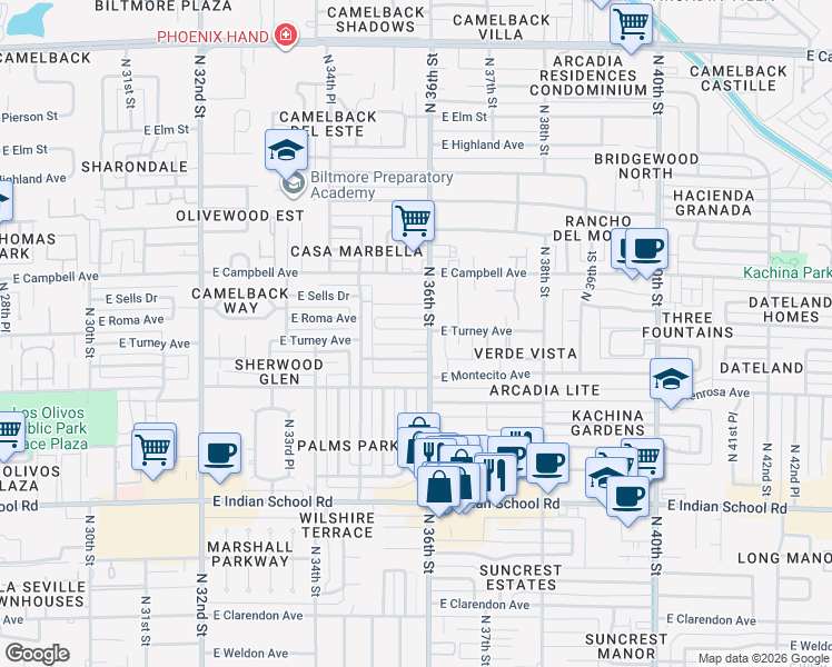 map of restaurants, bars, coffee shops, grocery stores, and more near 4352 North 36th Street in Phoenix