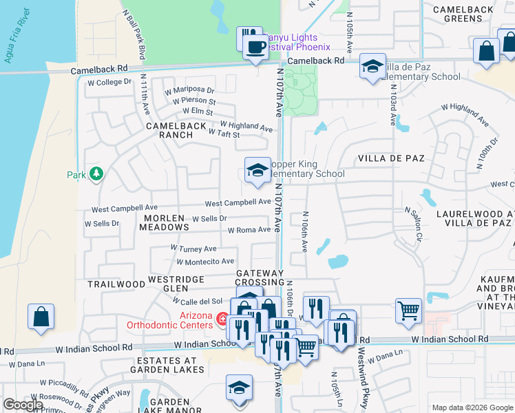 map of restaurants, bars, coffee shops, grocery stores, and more near 10730 West Campbell Avenue in Phoenix