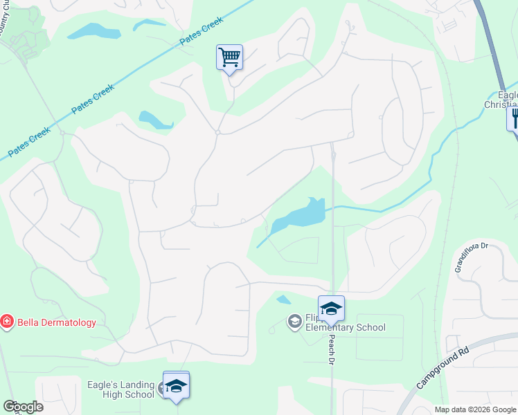 map of restaurants, bars, coffee shops, grocery stores, and more near 721 Beth Page Drive in McDonough